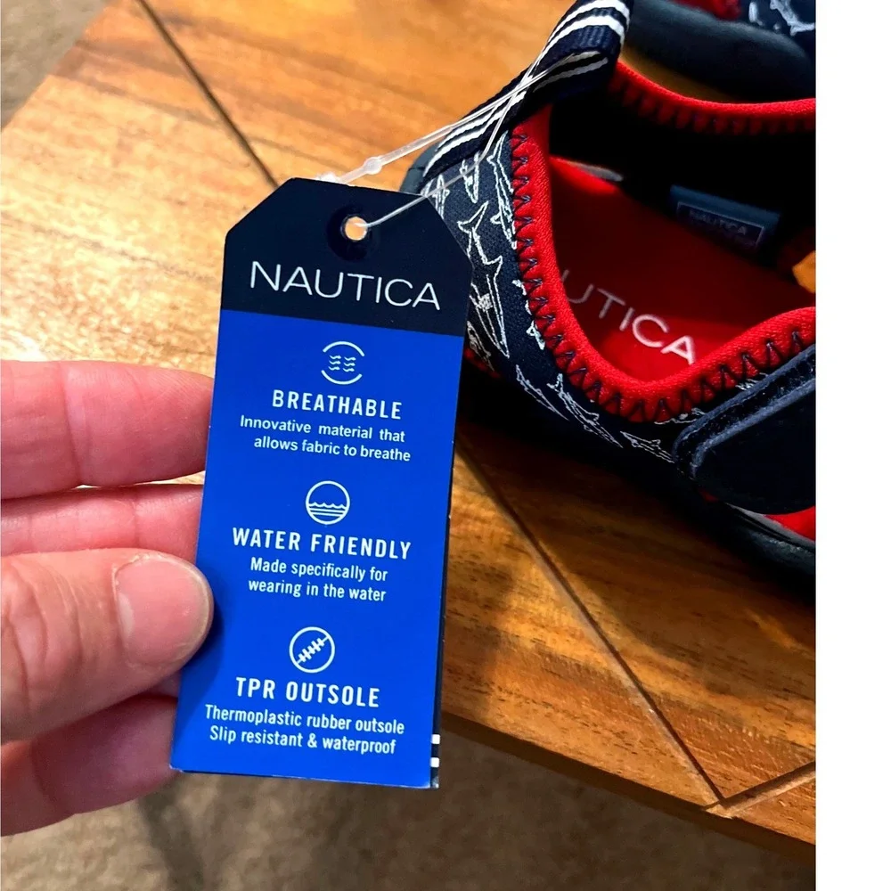 Nautica Kids Water Shoes Sandals Shark Print Navy Red Hook‎ Loop Size 9 NWT